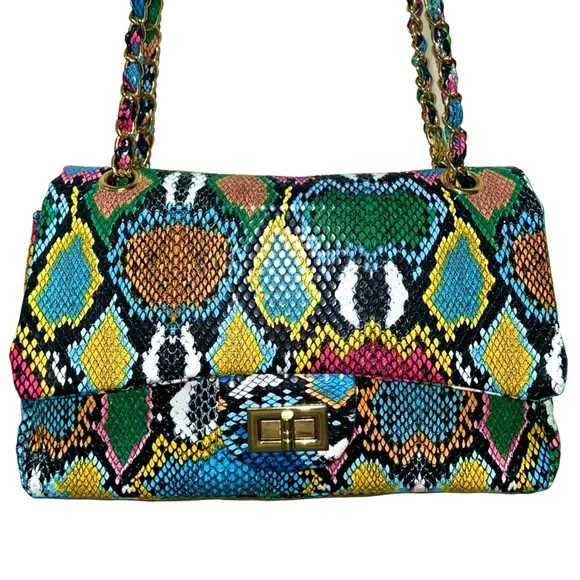 Multicolor Snake Skin Texture Tropical Handbag Purse Chic Resort Festival 10x5x3 - Picture 3 of 6